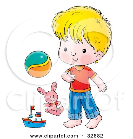 Clipart Illustration of a Cute Little Boy Standing With A Ball, Stuffed Animal And Boat by Alex Bannykh
