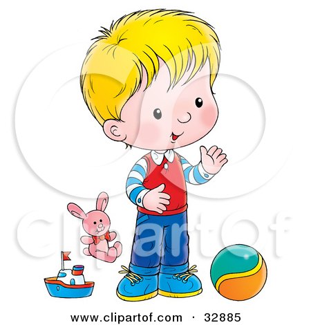 Clipart Illustration of a Blond Boy Playing With A Ball, Stuffed Animal And Boat by Alex Bannykh