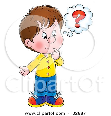 Clipart Illustration of a Curious Little Boy Touching His Chin While Thinking by Alex Bannykh