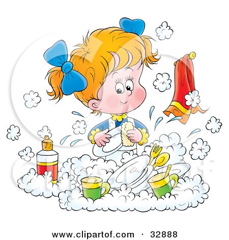 Clipart Illustration of a Little Blond Girl Happily Washing Dishes In A Soapy Kitchen Sink by Alex Bannykh