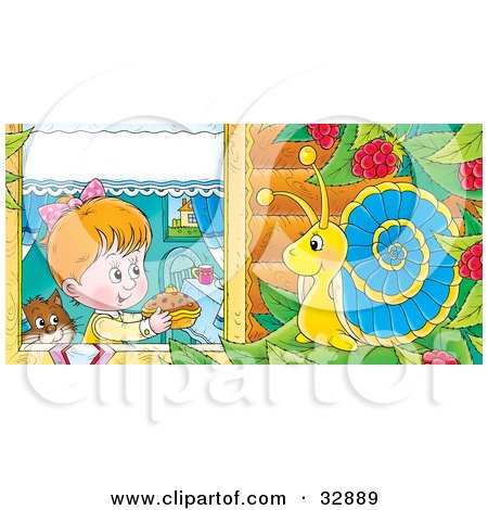 Clipart Illustration of a Cute Girl And Cat Holding A Cake Out To A Snail In A Raspberry Bush by Alex Bannykh