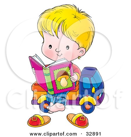 Clipart Illustration of a Blond Boy Sitting On A Toy Truck, Reading A Book About Mushrooms by Alex Bannykh