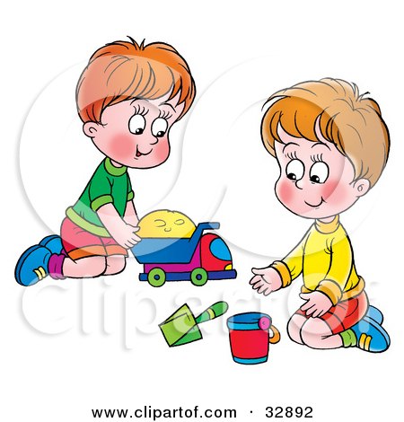 Clipart Illustration of Two Little Boys Playing With A Bucket And Toy Truck  by Alex Bannykh