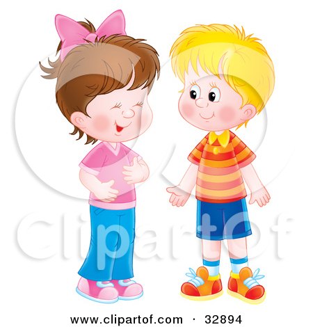 Clipart Illustration of a Little Girl Giggling While Talking To A Boy by Alex Bannykh