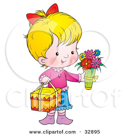 Clipart Illustration of a Sweet Little Girl Carrying Flowers And A Gift On Mothers Day by Alex Bannykh