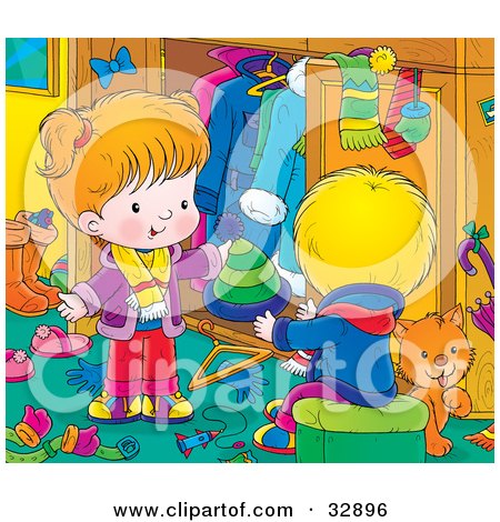 Clipart Illustration of a Grooming Orange Cat In A Room With A Little Boy In Girl As They Go Through Their Winter Clothes by Alex Bannykh