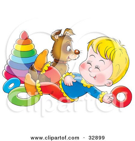 Clipart Illustration of a Puppy Playing With Rings With A Happy Boy by Alex Bannykh