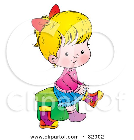 Clipart Illustration of a Blond Girl Sitting On A Stool And Putting Her Boots On by Alex Bannykh
