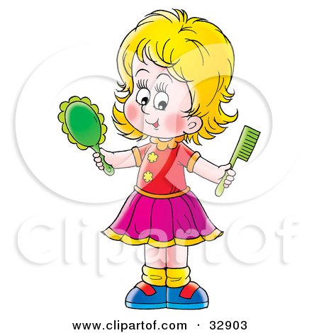 Clipart Illustration of a Blond Girl Holding A Hand Mirror And Comb by Alex Bannykh