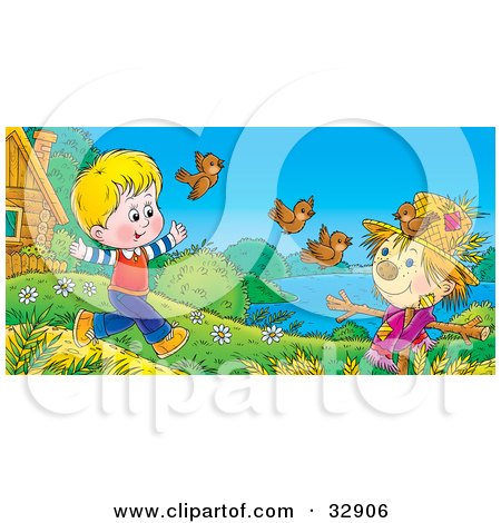 Clipart Illustration of a Boy Running And Chasing Birds Near A Scarecrow by Alex Bannykh
