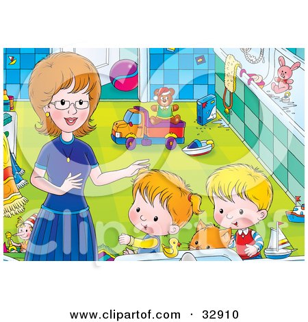 Clipart Illustration of a Cat And Two Kids Getting Help From Mom In A Bathroom by Alex Bannykh