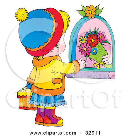Clipart Illustration of a Hand Giving Flowers To A Little Girl Carrying A Gift On Mothers Day by Alex Bannykh