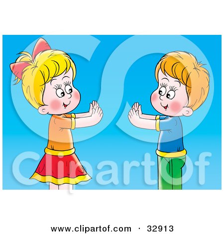 Clipart Illustration of a Boy And Girl Playing Pat A Cake Over A Blue Background by Alex Bannykh
