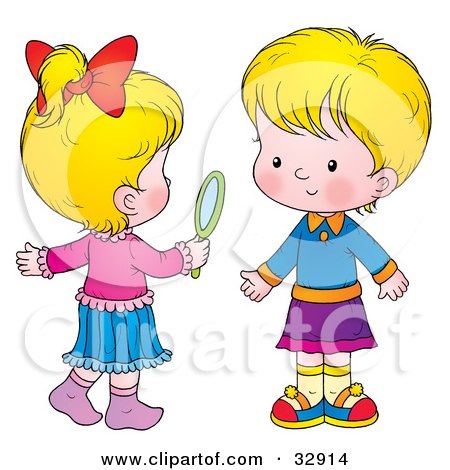 Clipart Illustration of Two Little Blond Girls, One Holding A Hand Mirror by Alex Bannykh