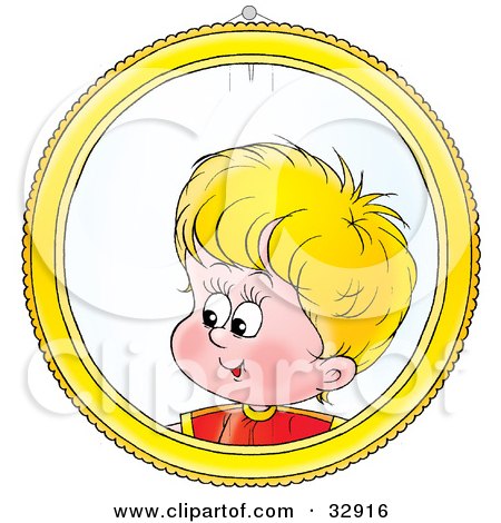Clipart Illustration of a Circular Portrait Of A Blond Boy With A Yellow Frame by Alex Bannykh