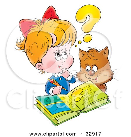 Clipart Illustration of a Cat Watching A Little Blond Girl Do Her Homework by Alex Bannykh