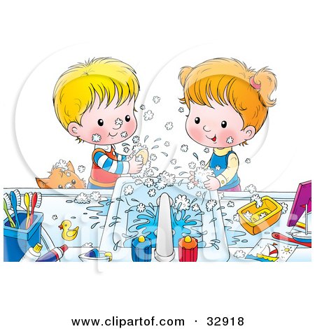 Clipart Illustration of a Brother And Sister Making A Mess While Washing Their Hands With Soap, A Cat Peeking Over The Counter by Alex Bannykh