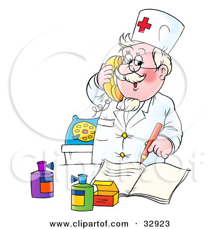 Clipart Illustration of a Friendly Senior Doctor Talking To A Customer On A Phone While Filling Prescriptions by Alex Bannykh
