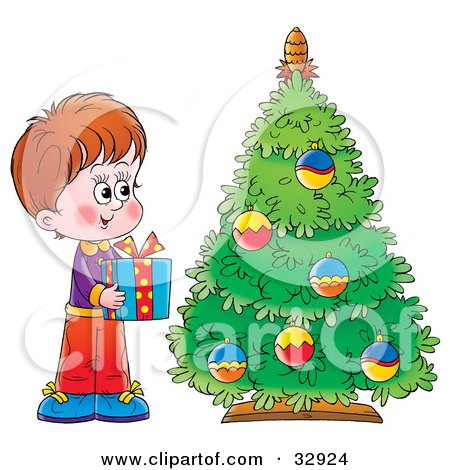 Clipart Illustration of a Giving Boy Holding A Present By A Christmas Tree by Alex Bannykh
