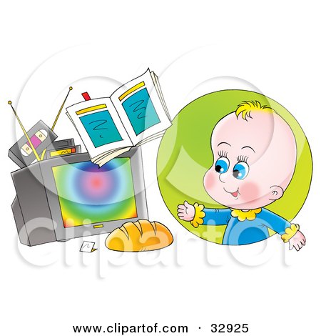 Clipart Illustration of a Baby Boy Watching Tv With Videos On Top by Alex Bannykh