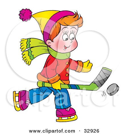 Clipart Illustration of a Red Haired Boy Playing Ice Hockey In The Winter by Alex Bannykh