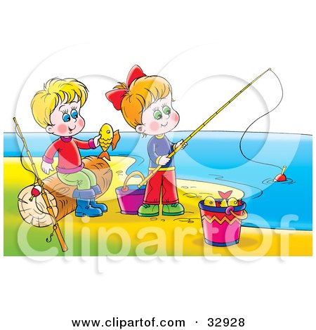 Clipart Illustration of a Boy And Girl Having Fun While Fishing On A Beach by Alex Bannykh