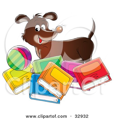 Clipart Illustration of a Happy Brown Dog Standing With A Ball, Behind Colorful Books by Alex Bannykh