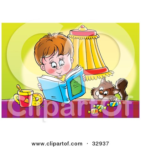Clipart Illustration of a Cat Trying To Sneak Candy From A Table By A Boy Reading A Book by Alex Bannykh