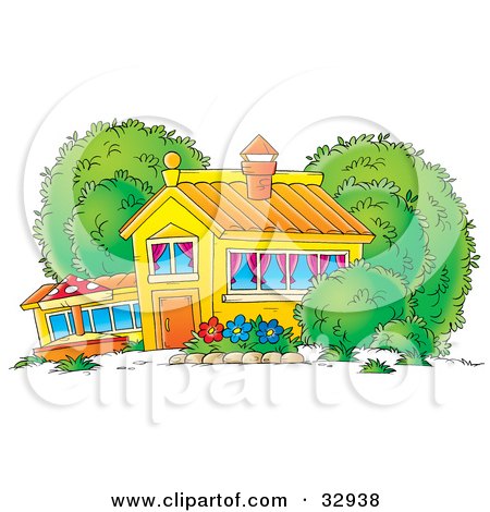 Clipart Illustration of a School House, Home Or Building With Curtains In The Windows And A Flower Garden In The Yard by Alex Bannykh