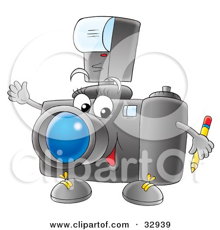 Clipart Illustration of a Friendly Camera Character Holding A Pencil And Waving by Alex Bannykh