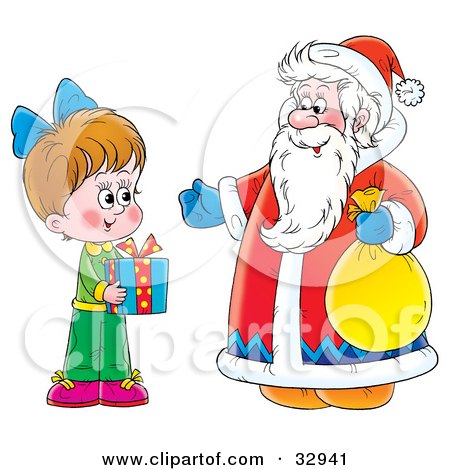 Clipart Illustration of a Little Girl Holding A Gift And Standing With Santa by Alex Bannykh