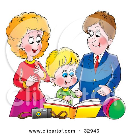 Clipart Illustration of a Proud Mother And Father Looking At A Family Photo Album With Their Son by Alex Bannykh