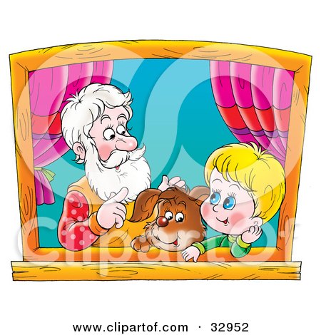 Clipart Illustration of a Puppy, Boy And Grandfather Talking And Looking Out A Window by Alex Bannykh
