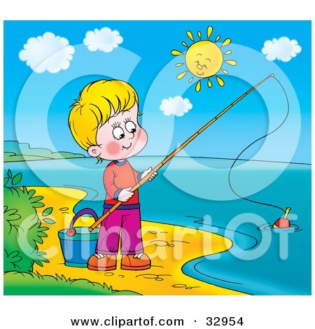 Clipart Illustration of a Boy Fishing On The Shore Of A Still Lake On A Sunny Day by Alex Bannykh