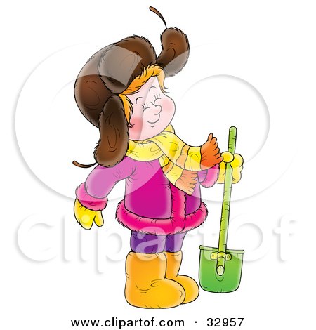 Clipart Illustration of a Happy Girl In A Purple Coat, Standing With A Shovel by Alex Bannykh