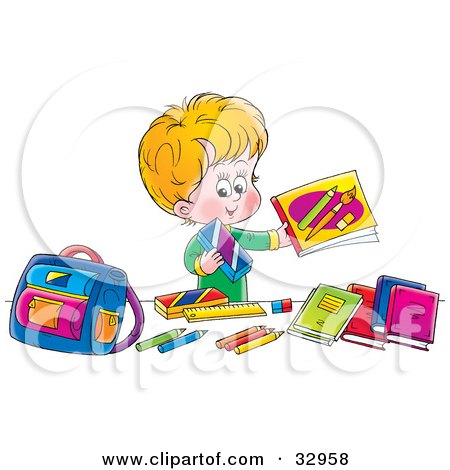 Clipart Illustration of a Happy Blond Boy Holding Up His School Supplies by Alex Bannykh