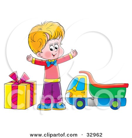 Clipart Illustration of a Happy Blond Boy Standing Between A Gift And A Toy Truck by Alex Bannykh