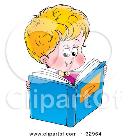 Clipart Illustration of a Cute Little Boy Reading A Blue Book by Alex Bannykh