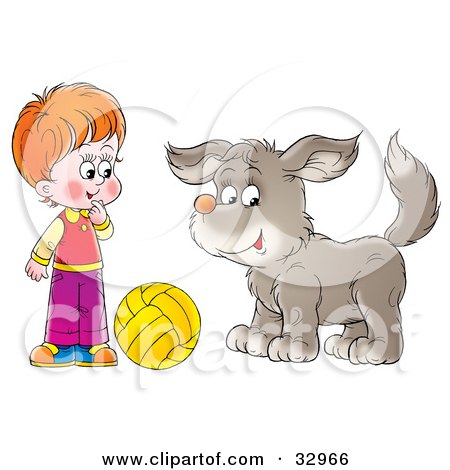 Clipart Illustration of a Boy And Dog Playing With A Yellow Ball by Alex Bannykh