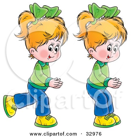 Clipart Illustration of Two Little Blond Girls, Twins, Running And Playing by Alex Bannykh