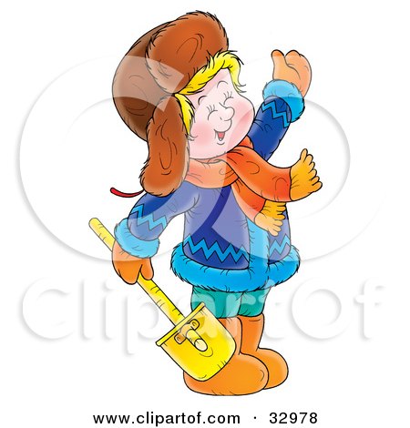 Clipart Illustration of a Friendly Boy In Winter Clothing, Carrying A Shovel by Alex Bannykh