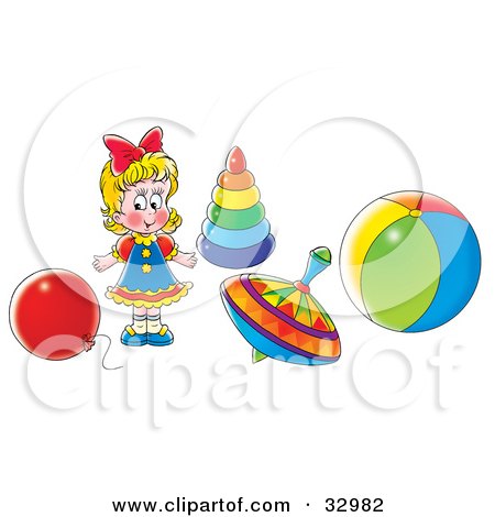 Clipart Illustration of a Little Blond Girl Playing With A Balloon, Rings, Top And Ball by Alex Bannykh