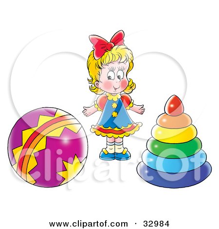 Clipart Illustration of a Blond Girl Standing Between A Ball And Ring Toys by Alex Bannykh