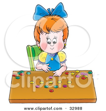 Clipart Illustration of a Little Girl Counting The Buttons In Her Collection by Alex Bannykh