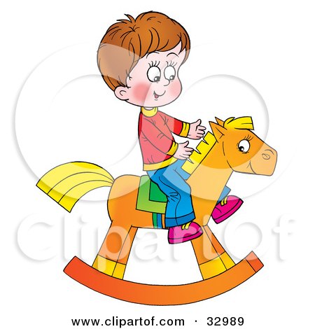 Clipart Illustration of a Happy Boy Riding On A Rocking Horse by Alex Bannykh