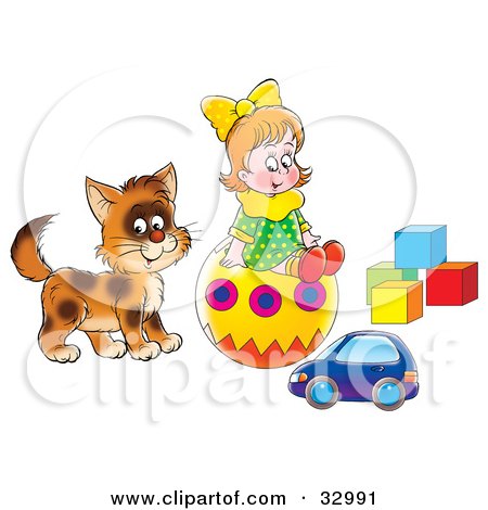 Clipart Illustration of a Little Girl And Cat Playing With A Toy Car, Ball And Blocks by Alex Bannykh
