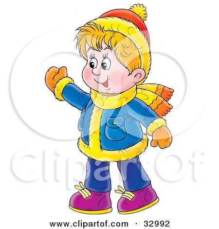 Clipart Illustration of a Friendly Boy Waving, Wearing Winter Clothes by Alex Bannykh