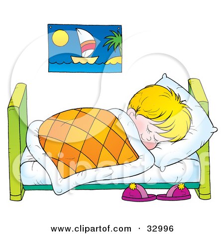 Clipart Illustration of a Little Blond Boy Sound Asleep In His Bed by Alex Bannykh