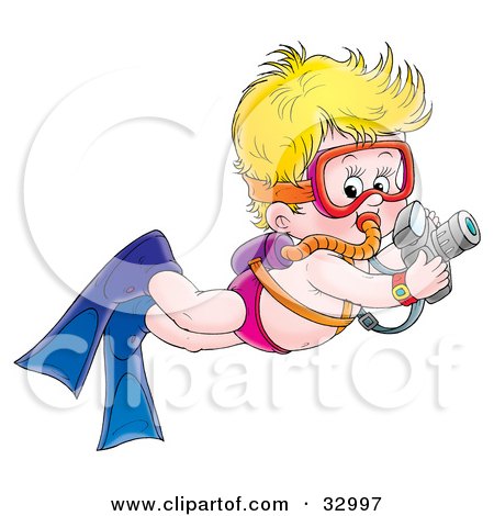 Clipart Illustration of a Blond Boy Scuba Diving And Taking Underwater Pictures by Alex Bannykh
