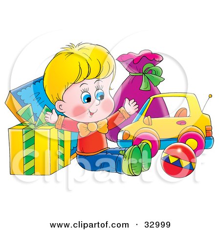 Clipart Illustration of a Happy Birthday Boy With Gifts And Toys by Alex Bannykh